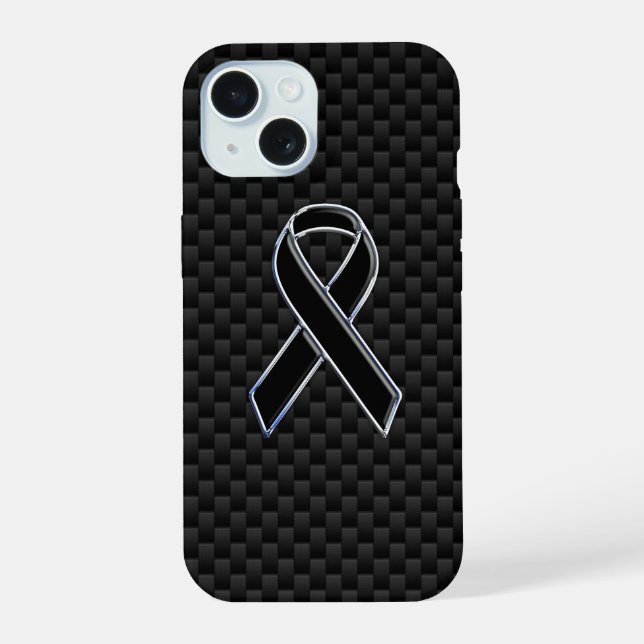 Chrome Style Black Ribbon Awareness Carbon Fibre iPhone 15 Case (Back)