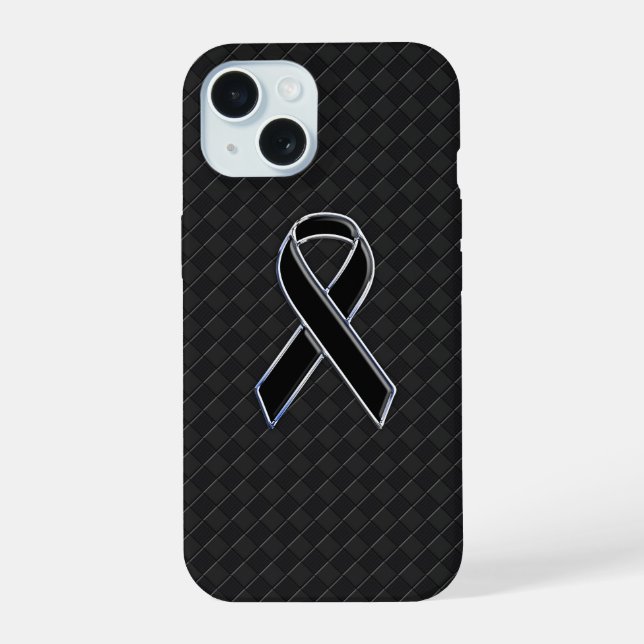 Chrome Style Black Ribbon Awareness iPhone 15 Case (Back)