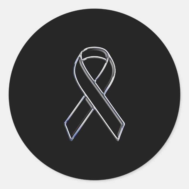 Chrome Style Black Ribbon Awareness on Black Classic Round Sticker (Front)