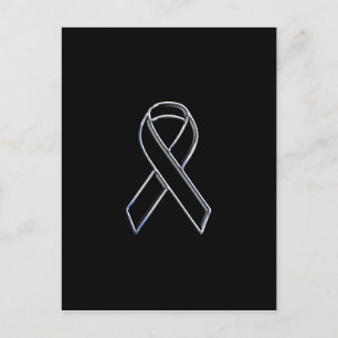 Chrome Style Black Ribbon Awareness on Black Postcard
