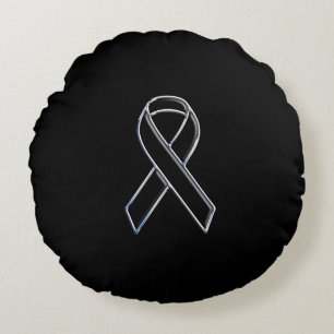 Chrome Style Black Ribbon Awareness on Black Round Cushion