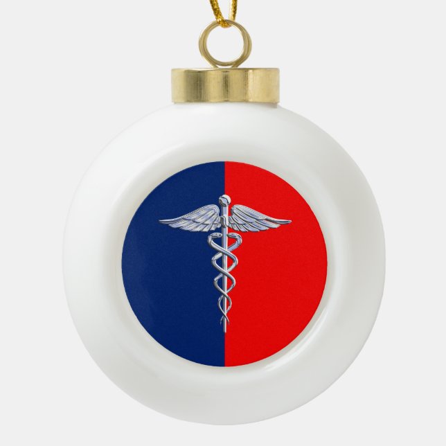 Chrome Style Caduceus Medical Symbol League Ceramic Ball Christmas Ornament (Front)