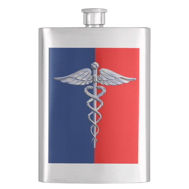 Chrome Style Caduceus Medical Symbol League Hip Flask (Front)