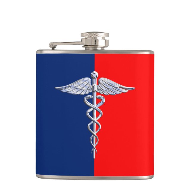Chrome Style Caduceus Medical Symbol League Hip Flask (Front)