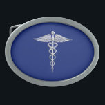 Chrome Style Caduceus Medical Symbol on Navy Blue Belt Buckle<br><div class="desc">The Symbolic Silver Chrome Like Caduceus Medical Symbol design presented here on a navy blue background. The caduceus snakes is designed to look like it is made of chrome. Good for a graduation occasion, a statement for your profession, or for a gift with that medical look your are looking for....</div>