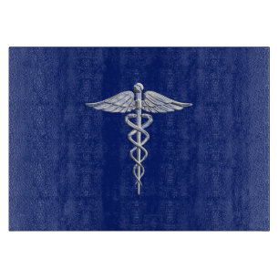Chrome Style Caduceus Medical Symbol on Navy Blue Cutting Board