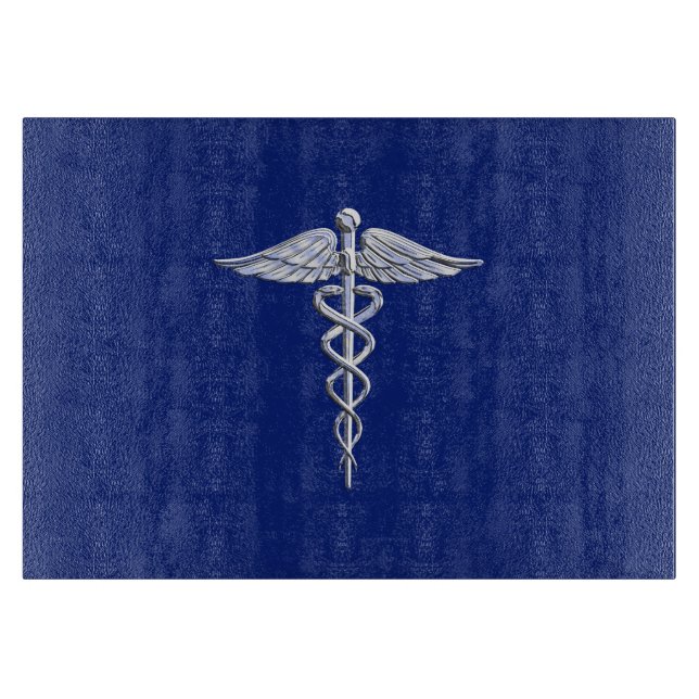 Chrome Style Caduceus Medical Symbol on Navy Blue Cutting Board (Front)