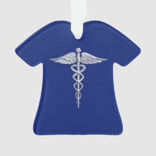Chrome Style Caduceus Medical Symbol on Navy Blue Ornament