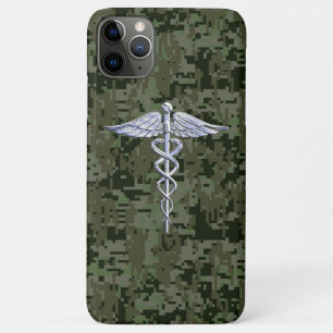 Chrome Style Caduceus Symbol on Green Camouflage iPhone 11 Pro Max Case