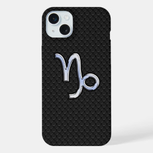 Chrome Style Capricorn Sign on Snake Skin Decor iPhone 15 Plus Case