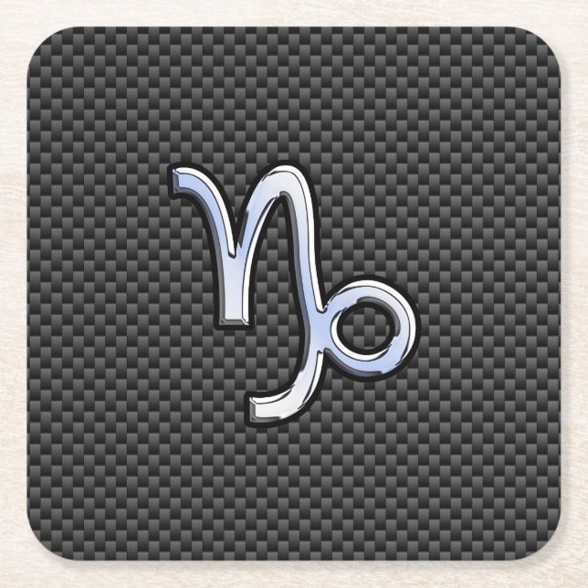 Chrome Style Capricorn Zodiac Sign on Carbon Fibre Square Paper Coaster (Front)