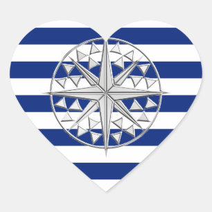 Chrome Style Compass on Nautical Stripes Heart Sticker
