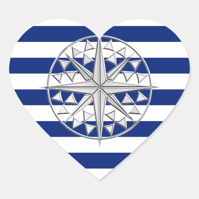 Chrome Style Compass on Nautical Stripes Heart Sticker (Front)