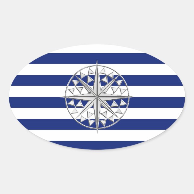 Chrome Style Compass on Nautical Stripes Oval Sticker (Front)