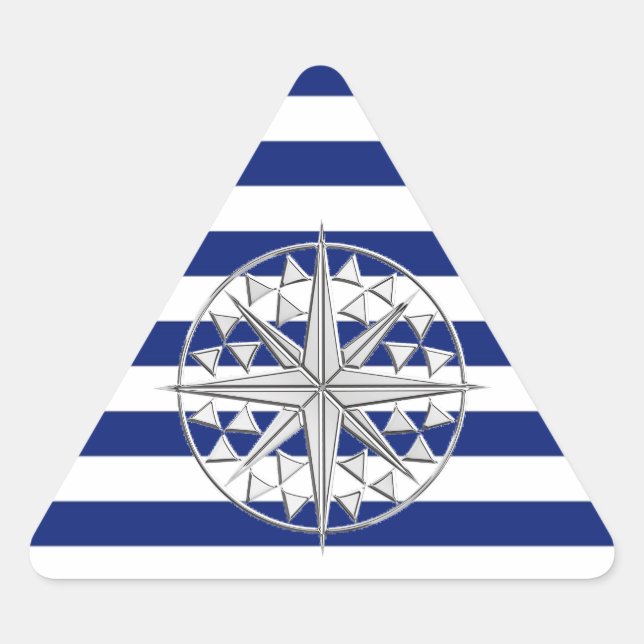 Chrome Style Compass on Nautical Stripes Triangle Sticker (Front)