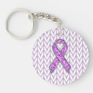 Chrome Style Crystal Pink Ribbon Awareness Knit Key Ring