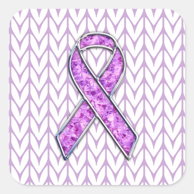 Chrome Style Crystal Pink Ribbon Awareness Knit Square Sticker (Front)