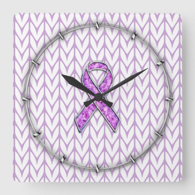 Chrome Style Crystal Pink Ribbon Awareness Knit Square Wall Clock (Front)