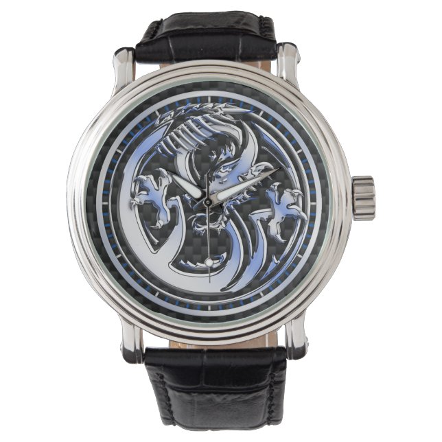 Chrome style Dragon badge Carbon Fibre Dial Print Watch (Front)