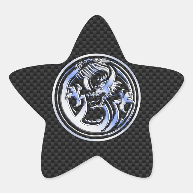 Chrome style Dragon badge on Carbon Fiber Print Star Sticker (Front)