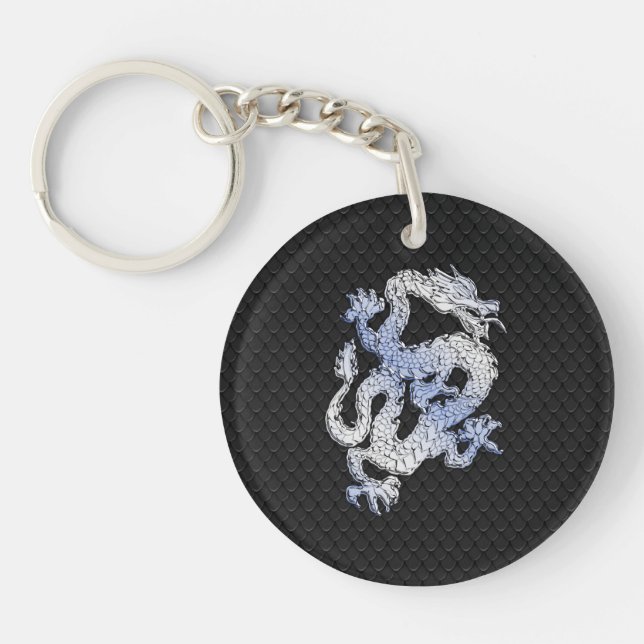 Chrome Style Dragon in Black Snake Skin Print Key Ring (Front)