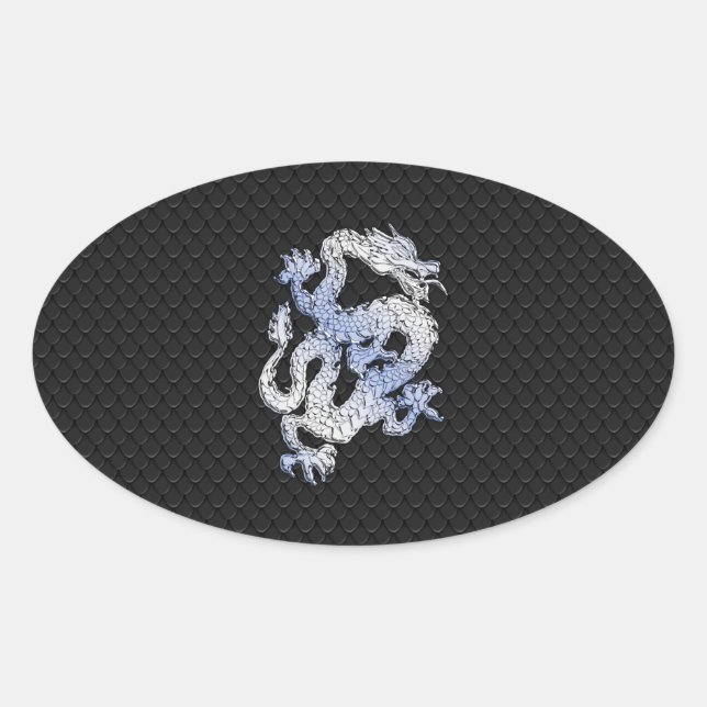 Chrome Style Dragon in Black Snake Skin Print Oval Sticker (Front)