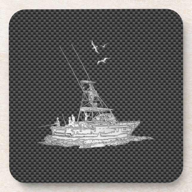Chrome Style Fishing Boat on Carbon Fibre Coaster (Front)
