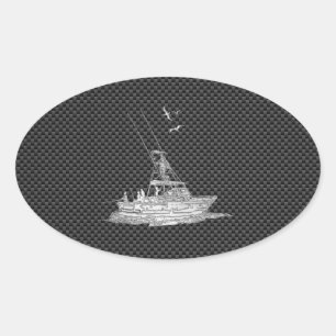 Chrome Style Fishing Boat on Carbon Fibre Oval Sticker