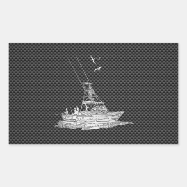 Chrome Style Fishing Boat on Carbon Fibre Rectangular Sticker (Front)