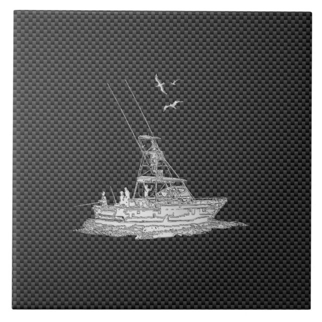 Chrome Style Fishing Boat on Carbon Fibre Tile (Front)