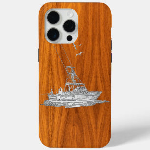Chrome Style Fishing Boat on Teak Wood Decor iPhone 15 Pro Max Case