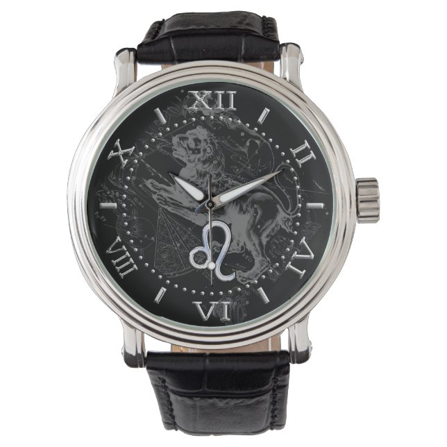 Chrome Style Leo Zodiac Sign on Hevelius Dial Watch (Front)