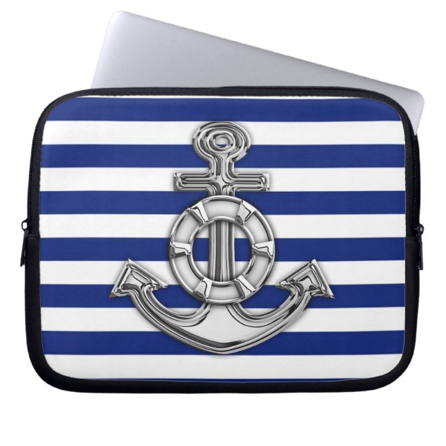 Chrome Style Lifesaver on Blue Stripes Laptop Sleeve (Front)