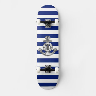 Chrome Style Lifesaver on Nautical Stripes Skateboard
