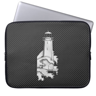 Chrome Style Lighthouse on Black Carbon Fibre Laptop Sleeve