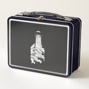 Chrome Style Lighthouse on Black Carbon Fibre Metal Lunch Box