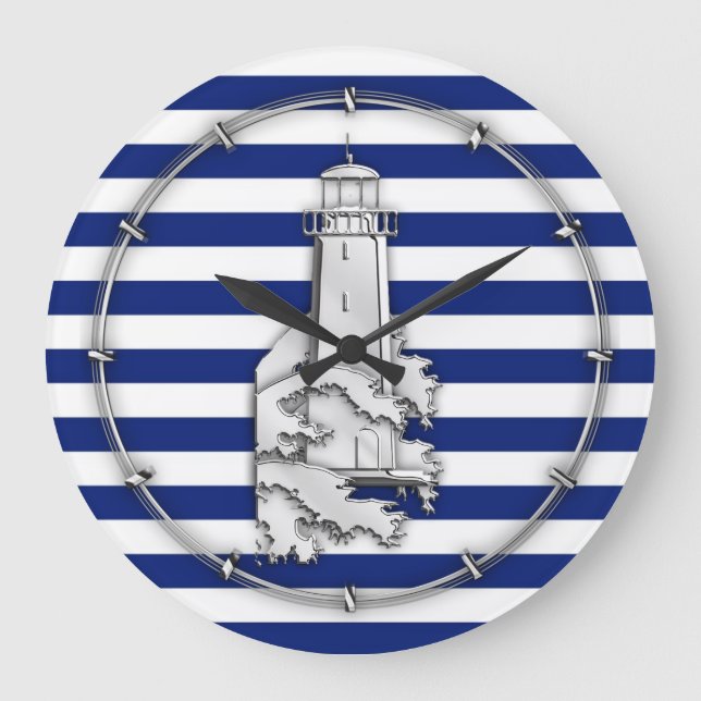 Chrome Style Lighthouse on Blue Nautical Stripes Large Clock (Front)