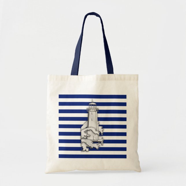 Chrome Style Lighthouse on Blue Nautical Stripes Tote Bag (Front)