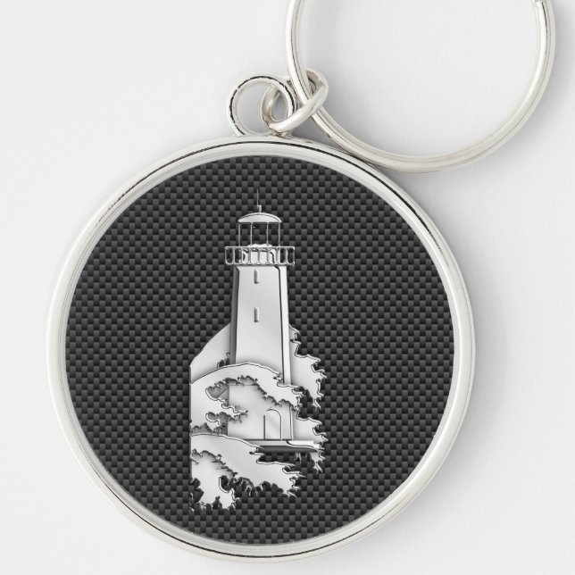 Chrome Style Lighthouse on Carbon Fibre Decor Key Ring (Front)