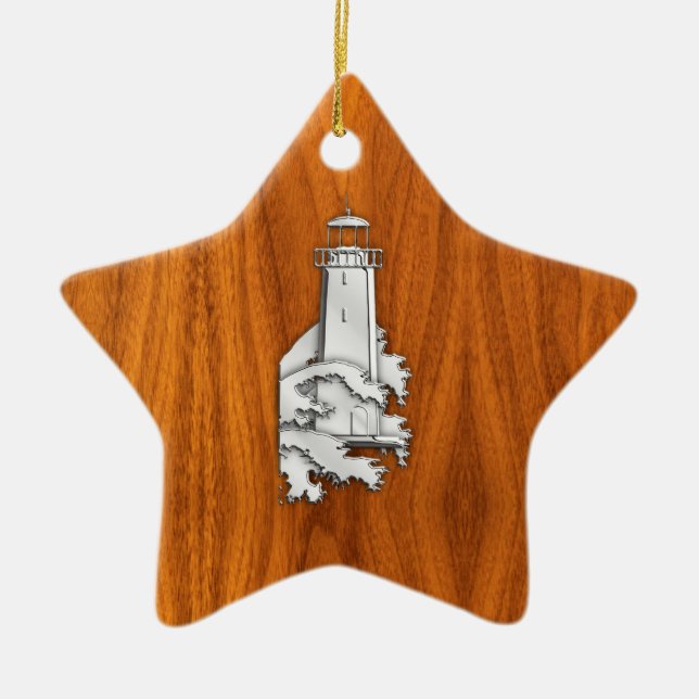 Chrome Style Lighthouse on Teak Wood Decor Ceramic Tree Decoration (Front)