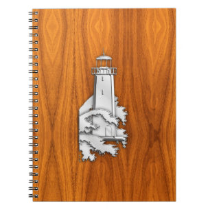 Chrome Style Lighthouse on Teak Wood Decor Notebook