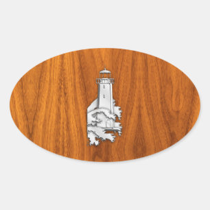 Chrome Style Lighthouse on Teak Wood Decor Oval Sticker