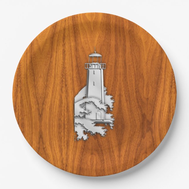 Chrome Style Lighthouse on Teak Wood Decor Paper Plate (Front)
