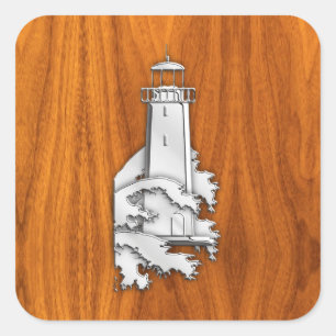 Chrome Style Lighthouse on Teak Wood Decor Square Sticker