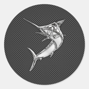 Chrome Style Marlin on Carbon Fibre Classic Round Sticker