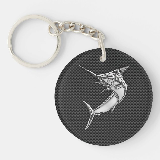 Chrome Style Marlin on Carbon Fibre Key Ring (Front)