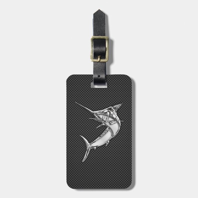 Chrome Style Marlin on Carbon Fibre Luggage Tag (Front Vertical)
