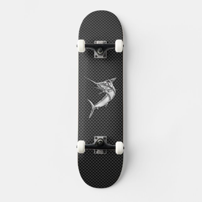 Chrome Style Marlin on Carbon Fibre Skateboard (Front)