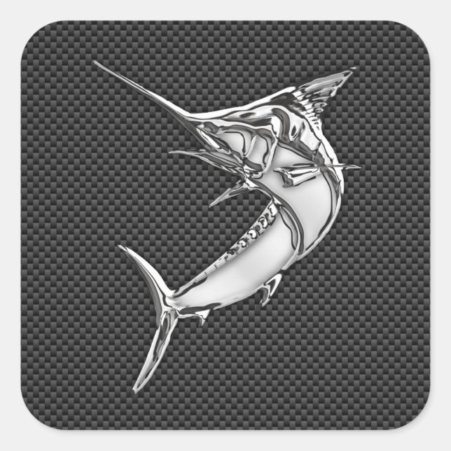 Chrome Style Marlin on Carbon Fibre Square Sticker (Front)