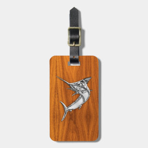 Chrome Style Marlin on Teak Wood Decor Luggage Tag